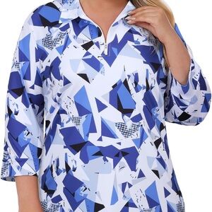 Blue and White Geometric Women's Top